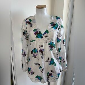 intimissimi Silk White Floral Print Wrap Blouse with Teal & Purple Accents
